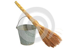 Old vintage traditional bucket, broom.