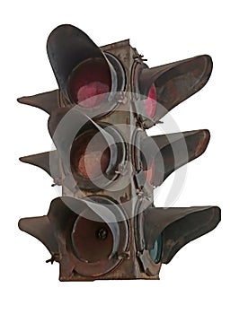 Old vintage traffic light on white background. Isolated