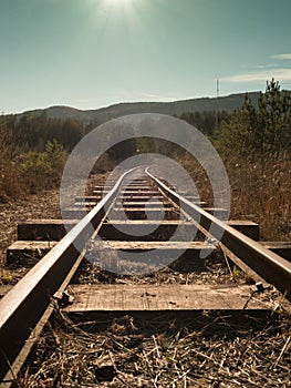 Old vintage train rails in moor landscape