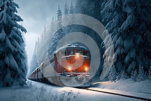 Old vintage train in the snow. Winter snow forest train ride in winter snow forest. Fairy tale winter landscape. Generative AI