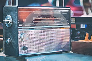 Old vintage transistor radio on table