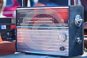 Old vintage transistor radio on table