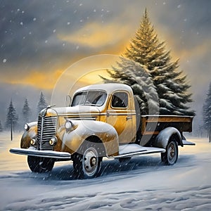 An old vintage truck with a Christmas tree in a cold snowy winter landscape