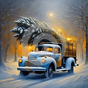 An old vintage truck with a Christmas tree in a cold snowy winter landscape