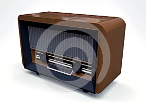 Old vintage tube radio receiver made of wood and black plastic on a white background. Old mid-20th century radio. 3d