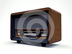 Old vintage tube radio receiver made of wood and black plastic on a white background. Old mid-20th century radio. 3d