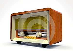 Old vintage tube radio receiver made of wood and cream plastic on a white background. Old mid-20th century radio. 3d