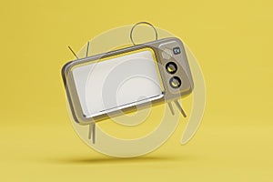 old vintage TV with an antenna on a yellow background. copy paste, copy space. 3D render