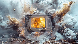 Old vintage TV burning in flames. A destroyed TV as a symbol of refusal to watch propaganda programs