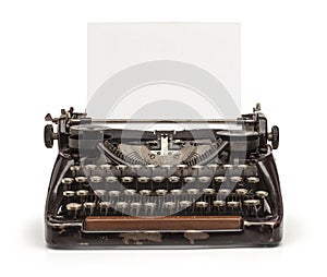 Old vintage typewriter and a blank sheet of paper inserted. Isolated on white background
