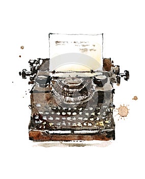 Old Vintage Typewriter Watercolor Illustration Hand Painted