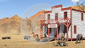 Old vintage western saloon isolated on the field in Wild West, 3d rendering