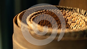 Old vintage wicker wooden basket set closeup. Traditional nordic handmade weave