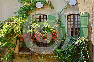 Old vintage windows with flowers and wooden green shutters in the old house of Provence French village.