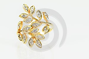 Old Vintage women gold diamond ring on white background