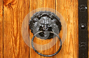 Old vintage wooden carved doors. Round metal door knobs with lions