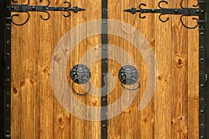 Old vintage wooden carved doors. Round metal door knobs with lions