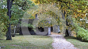 Old Vintage Wooden Fisherman House in Autumn Evening