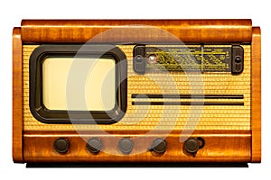 Old vintage wooden radio on white background