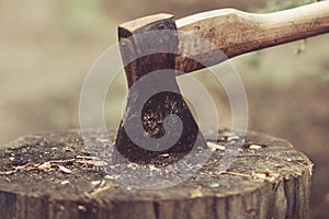 Old vintage axe for chopping wood and stumps