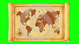 Old vintage world map opening animation movie 4K, MP4. Green background for transparent use