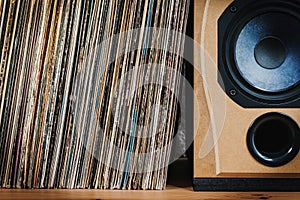 Old Vinyl records in the wooden shelf