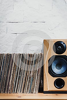 Old Vinyl records in the wooden shelf