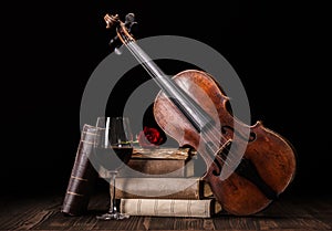 Old violin with books and red wine