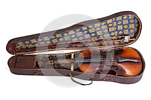 Old violin and bow in violin case