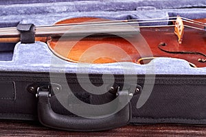 Old violin in box close up.