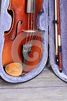 Old violin in case, vertical image.