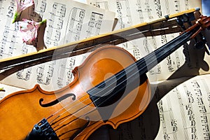 Old violin, fiddle-stick and music sheet