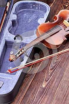Old violin on wooden background.