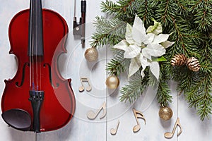 Old violin, wooden notes signs and fir-tree branches with Christmas decor and white poinsettia.