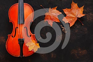 Old violin with yellow autumn maple leave. Top view, close-up