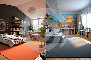 Old vs. New A Split Comparison of Renovated Kids' Bedrooms. AI