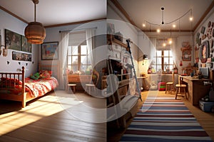 Old vs. New A Split Comparison of Renovated Kids' Bedrooms. AI