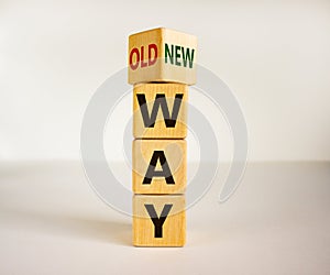 Old vs new way symbol. Turned a cube and changed words `old way` to `new way`. Beautiful white background. Copy space. Busines