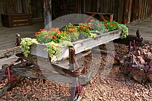 Old wagon box converted into a decorative flower bo.
