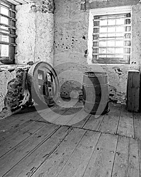 Old wagon wheel and barrel at Batsto Village NJ