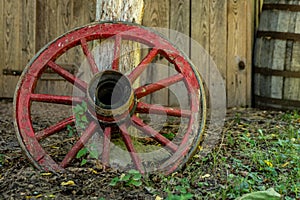 An old wagon wheel by a building