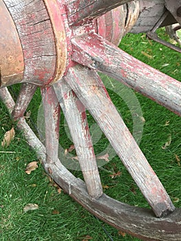 An old wagon wheel on the lawn background