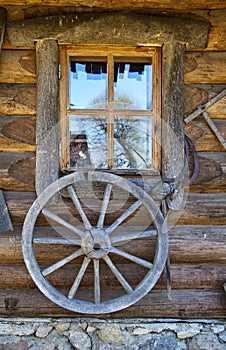 Old wagon wheel on wall