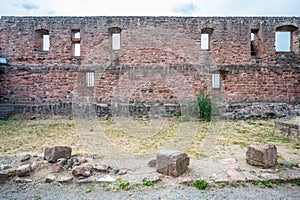 Old Wall of castle veste Otzberg, castle courtyard in front, cloudy day, odenwald, germany