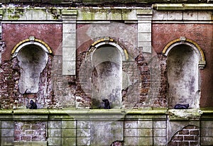 old wall containing statues of cats