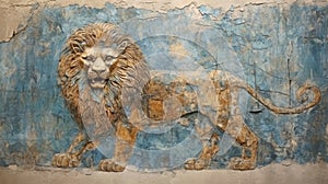Old wall fresco of lion, cracked vintage Ancient painting of animal on blue background. Damaged artifact of Sumerian or Babylonian