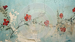 Old wall painting of flowers, Ancient fresco with plants on light blue cracked plaster background. Concept of art, vintage mural,