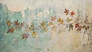 Old wall painting of plants, Ancient fresco with flowers on light blue cracked plaster background. Concept of art, vintage mural,