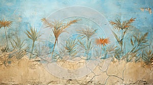 Old wall painting of plants like Ancient fresco, flowers on light blue cracked plaster background. Concept of art, beauty, vintage