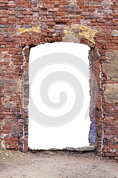 old wall with a red brick hole in the middle. isolated on white background. vertical frame